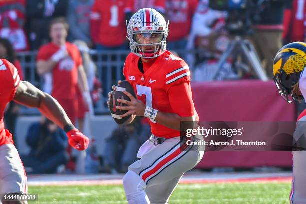 Stroud of the Ohio State Buckeyes looks to throw the ball during the second half of a college football game against the Michigan Wolverines at Ohio...