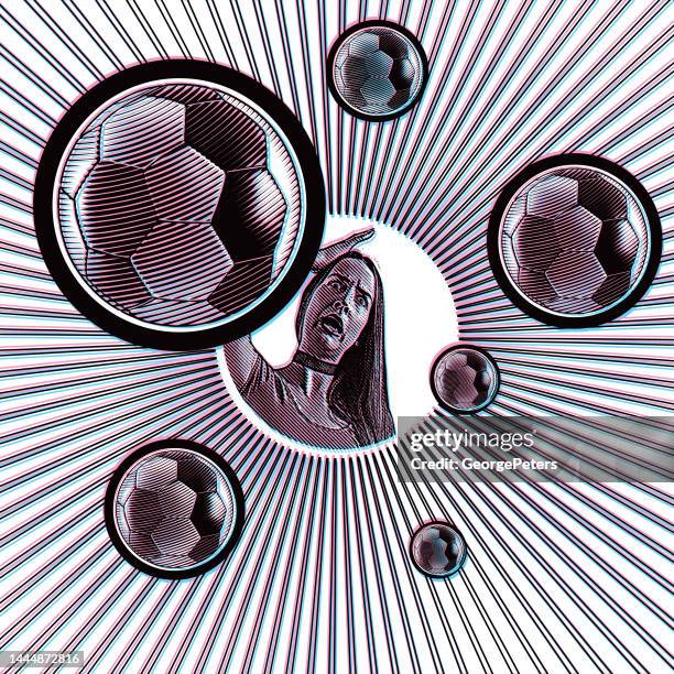 female soccer fan with a shocked expression and glitch technique - woman-watching-football-clip-art stock illustrations