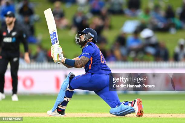 Suryakumar Yadav of India bats during game two of the One Day International series between New Zealand and India at Seddon Park on November 27, 2022...
