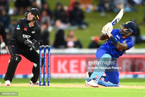 Suryakumar Yadav of India pulls the ball away for six runs during game two of the One Day International series between New Zealand and India at...