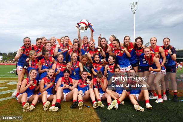 Demons celebrate winning the AFLW Grand Final match between the Brisbane Lions and the Melbourne Demons at Brighton Homes Arena on November 27, 2022...