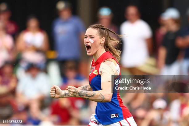 Tayla Harris of the Demons celebrates kicking a goal during the AFLW Grand Final match between the Brisbane Lions and the Melbourne Demons at...