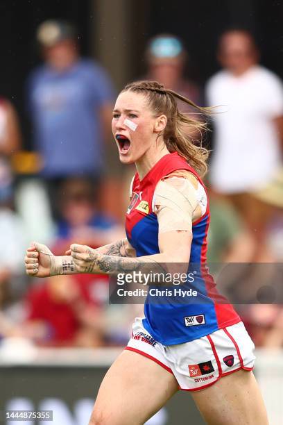 Tayla Harris of the Demons celebrates kicking a goal during the AFLW Grand Final match between the Brisbane Lions and the Melbourne Demons at...