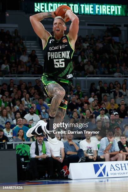 Mitchell Creek of the Phoenix dunks the ball during the round 8 NBL match between South East Melbourne Phoenix and Illawarra Hawks at John Cain...