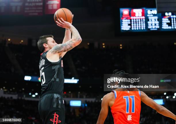 Garrison Mathews of the Houston Rockets shoots a three point shot during the game against the Oklahoma City Thunder at Toyota Center on November 26,...