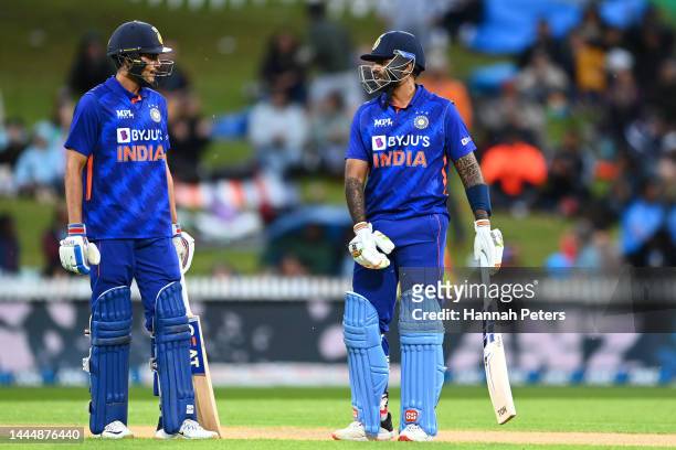 Shubman Gill and Suryakumar Yadav of India chat during game two of the One Day International series between New Zealand and India at Seddon Park on...