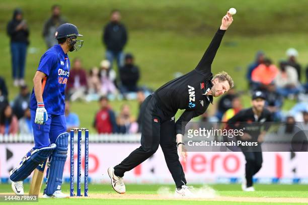 Lockie Ferguson of the Black Caps bowls during game two of the One Day International series between New Zealand and India at Seddon Park on November...