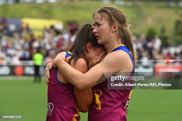 Jade Ellenger and Shannon Campbell of the Lions look dejected after their defeat during the AFLW Grand Final match between the Brisbane Lions and the...