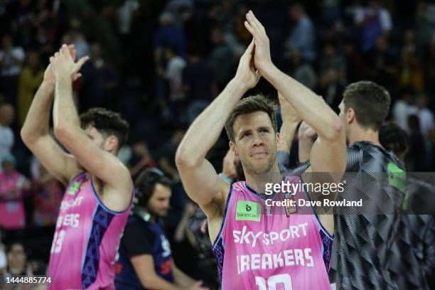 Tom Abercrombie of the Breakers applauds the crowd after victory in the round eight NBL match between New Zealand Breakers and Brisbane Bullets at...