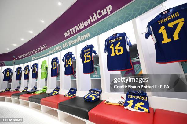 Shirts of Japan are seen hanging in the dressing room prior to the FIFA World Cup Qatar 2022 Group E match between Japan and Costa Rica at Ahmad Bin...