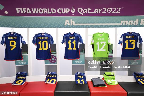Shirts of Japan are seen hanging in the dressing room prior to the FIFA World Cup Qatar 2022 Group E match between Japan and Costa Rica at Ahmad Bin...