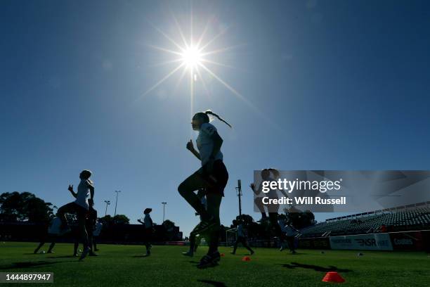 Perth Glory players warm up prior to the round two A-League Women's match between Perth Glory and Adelaide United at Macedonia Park, on November 27...