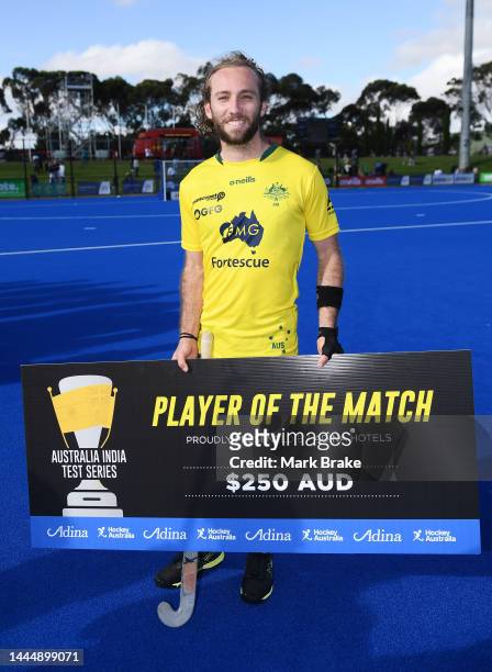 Player of the Match Jake Harvie of the Kookaburras during game 2 of the International Hockey Test Series between Australia and India at MATE Stadium...