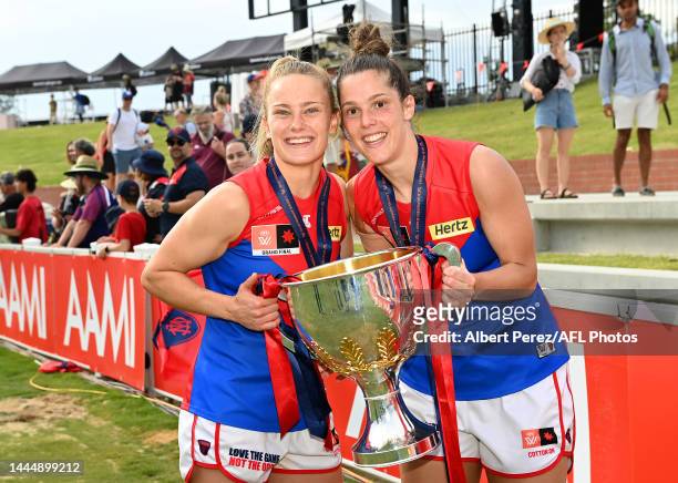 Sarah Lampard and Lauren Pearce of the Demons celebrate during the AFLW Grand Final match between the Brisbane Lions and the Melbourne Demons at...