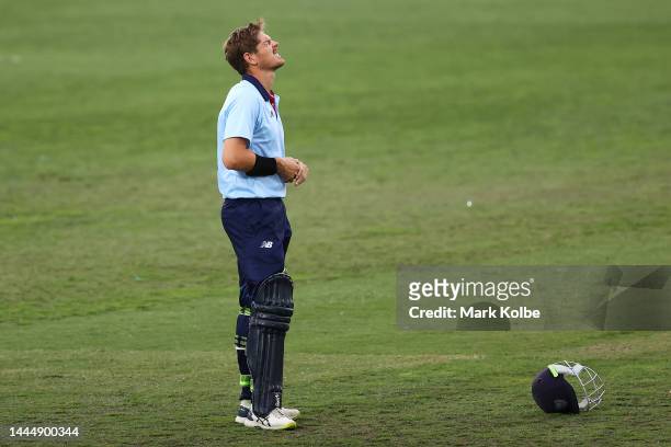 Daniel Hughes of the Blues reacts after being struck on the hand while batting during the Marsh One Day Cup match between New South Wales and...