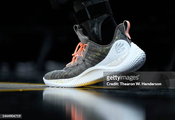 Detailed view of the Under Armour basketball shoes worn by Stephen Curry of the Golden State Warriors against the Utah Jazz at Chase Center on...