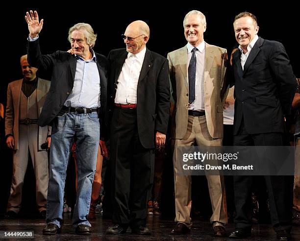 Producer Robert De Niro, Queen manager Jim Beach and producer Phil McIntyre bow at the curtain call during the We Will Rock You 10 Year Anniversary...