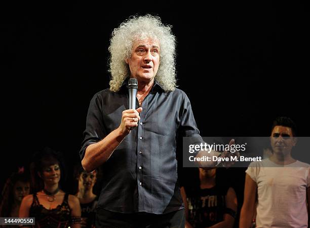 Queen musician Brian May speaks at the curtain call during the We Will Rock You 10 Year Anniversary Celebration performance at The Dominion Theatre...