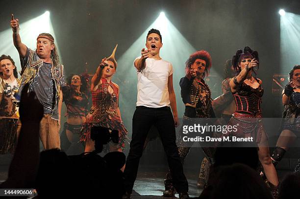 Cast members including Kevin Kennedy, Noel Sullivan and Sarah French perform during the We Will Rock You 10 Year Anniversary Celebration performance...