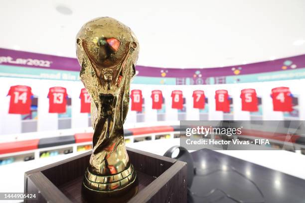 The FIFA World Cup Trophy is seen in the dressing room of Costa Rica prior to the FIFA World Cup Qatar 2022 Group E match between Japan and Costa...