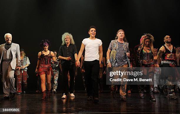 Queen musician Brian May bows with cast members including Alasdair Harvey, Sarah French, Noel Sullivan, Kevin Kennedy, Rachel John and Wayne Robinson...