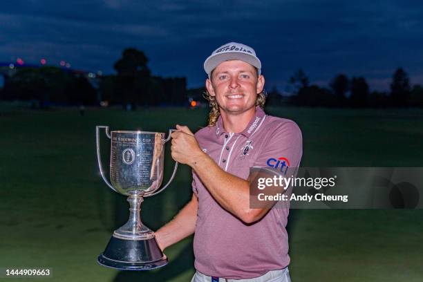 Cameron Smith of Australia poses with the Kirkwood Cup after victory on the 18th green during Day 4 of the 2022 Australian PGA Championship at the...