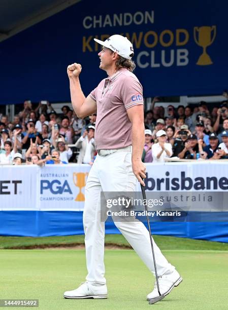 Cameron Smith of Australia celebrates victory after the 18th hole during Day 4 of the 2022 Australian PGA Championship at the Royal Queensland Golf...
