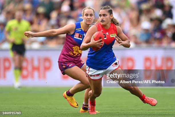 Eliza West of the Demons in action during the AFLW Grand Final match between the Brisbane Lions and the Melbourne Demons at Brighton Homes Arena on...