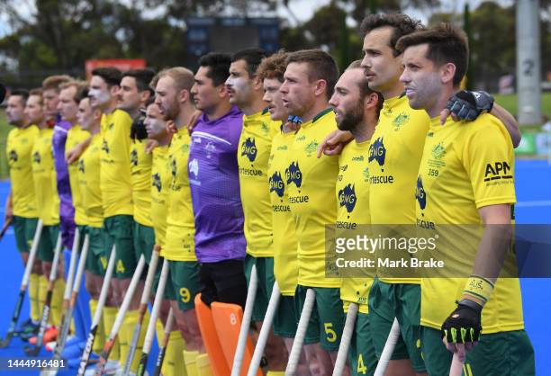 Kookaburras stand for their national anthem during game 2 of the International Hockey Test Series between Australia and India at MATE Stadium on...