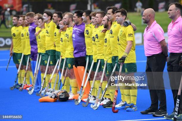 Kookaburras stand for their national anthem during game 2 of the International Hockey Test Series between Australia and India at MATE Stadium on...