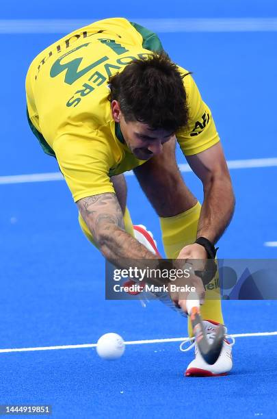 Blake Govers of the Kookaburras shoots for goal during a corner during game 2 of the International Hockey Test Series between Australia and India at...