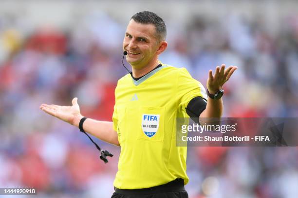 Referee Michael Oliver reacts during the FIFA World Cup Qatar 2022 Group E match between Japan and Costa Rica at Ahmad Bin Ali Stadium on November...