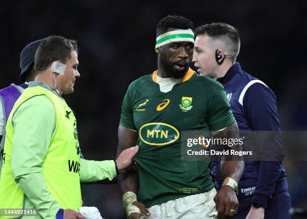 Siya Kolisi, the South Africa captain leaves the field after an injury during the Autumn International match between England and South Africa at...