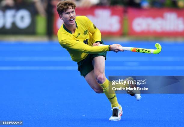 Matthew Dawson of the Kookaburras passes during game 2 of the International Hockey Test Series between Australia and India at MATE Stadium on...