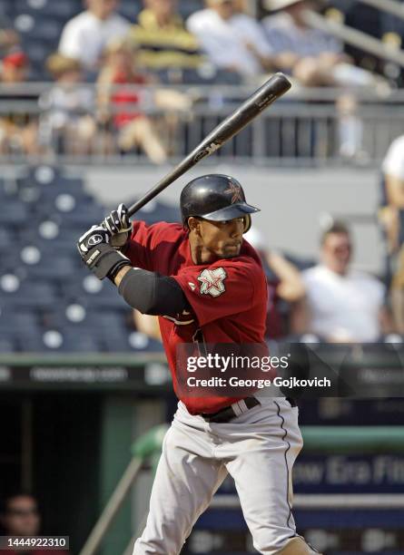 Willy Taveras of the Houston Astros bats against the Pittsburgh Pirates during the first game of a doubleheader at PNC Park on July 19, 2005 in...