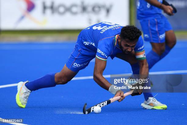 Harmanpreet Singh captain of India scores off a corner during game 2 of the International Hockey Test Series between Australia and India at MATE...