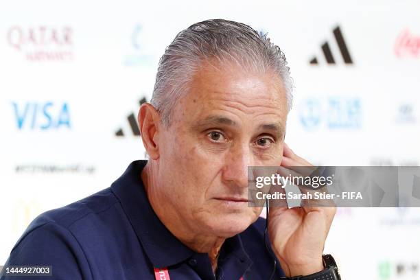 Adenor Leonardo Bacchi, Head Coach of Brazil, speaks during the Brazil Press Conference at Main Media Center on November 27, 2022 in Doha, Qatar.