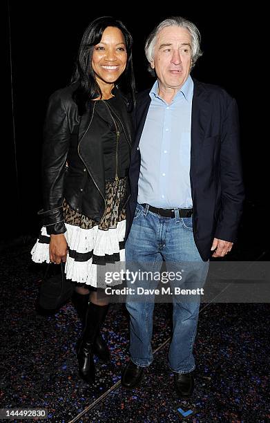 Grace Hightower and producer Robert De Niro celebrate backstage after the We Will Rock You 10 Year Anniversary performance at The Dominion Theatre on...