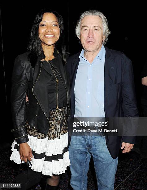 Grace Hightower and producer Robert De Niro celebrate backstage after the We Will Rock You 10 Year Anniversary performance at The Dominion Theatre on...