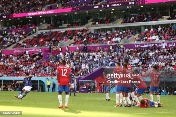 Daichi Kamada of Japan takes a free kick during the FIFA World Cup Qatar 2022 Group E match between Japan and Costa Rica at Ahmad Bin Ali Stadium on...