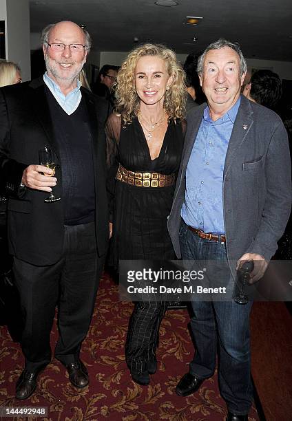 Chris Wright, Angie Rutherford and Nick Mason celebrate backstage after the We Will Rock You 10 Year Anniversary performance at The Dominion Theatre...