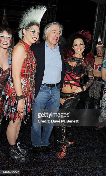 Producer Robert De Niro and cast celebrate backstage after the We Will Rock You 10 Year Anniversary performance at The Dominion Theatre on May 14,...