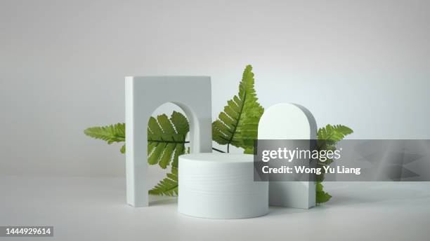 white podium with a bit of plant at the back - product podium stock pictures, royalty-free photos & images