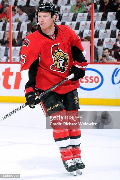 Chris Neil of the Ottawa Senators skates during the warm up period prior to facing the New York Rangers in their Game Six of the Eastern Conference...