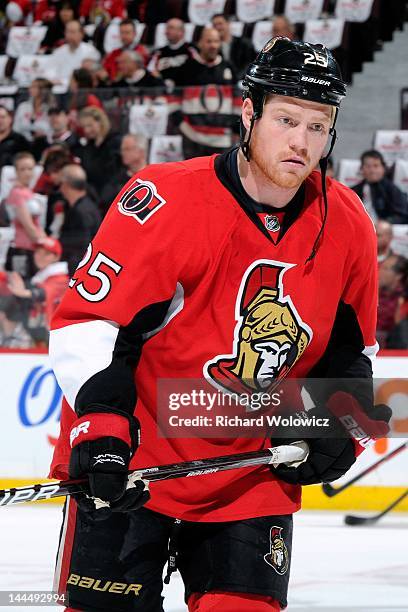 Chris Neil of the Ottawa Senators skates during the warm up period prior to facing the New York Rangers in their Game Six of the Eastern Conference...