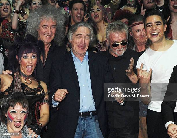 Brian May, Robert De Niro, Roger Taylor and Noel Sullivan celebrate backstage after the We Will Rock You 10 Year Anniversary performance at The...