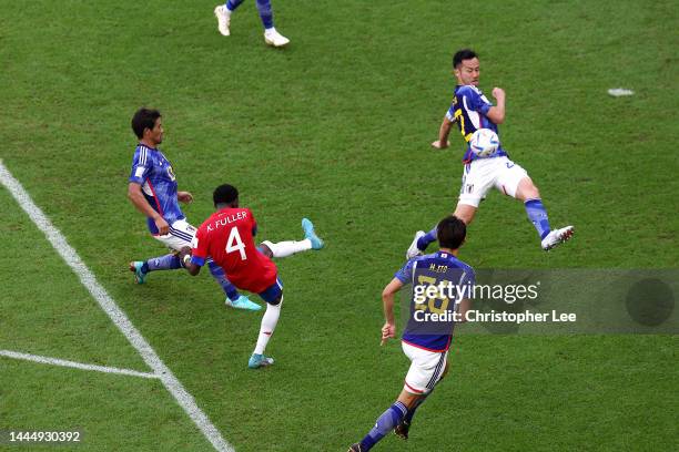 Keysher Fuller of Costa Rica scores their team's first goal during the FIFA World Cup Qatar 2022 Group E match between Japan and Costa Rica at Ahmad...