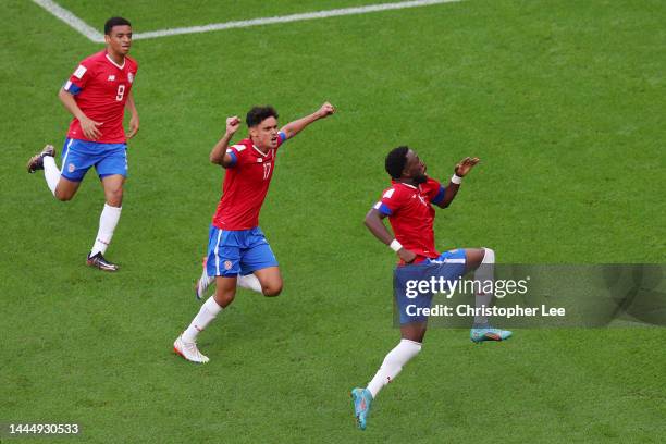 Keysher Fuller of Costa Rica celebrates after scoring their team's first goal with their teammates Yeltsin Tejeda and Jewison Bennette during the...