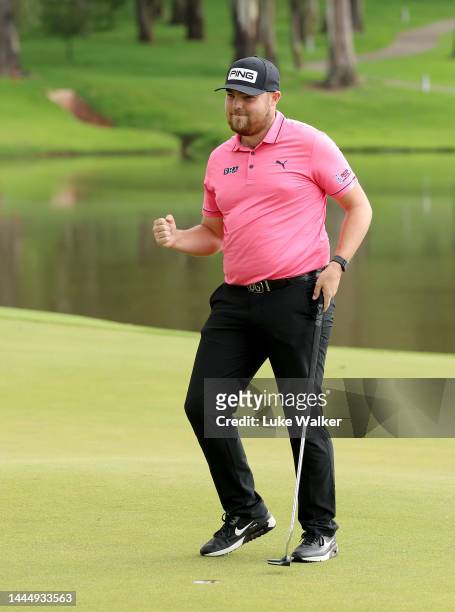 Dan Bradbury of England celebrates on the 18th hole during the final round of the Joburg Open at Houghton GC on November 27, 2022 in Johannesburg,...