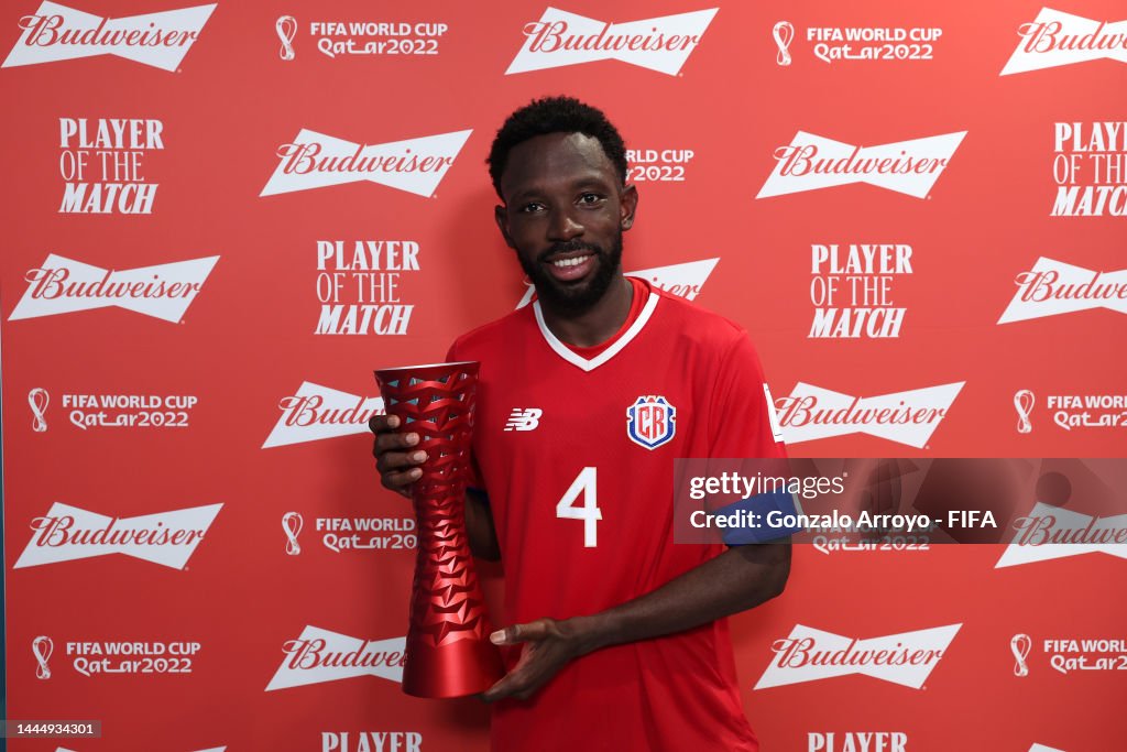 Keysher Fuller poses with the Budweiser Player of the Match Trophy